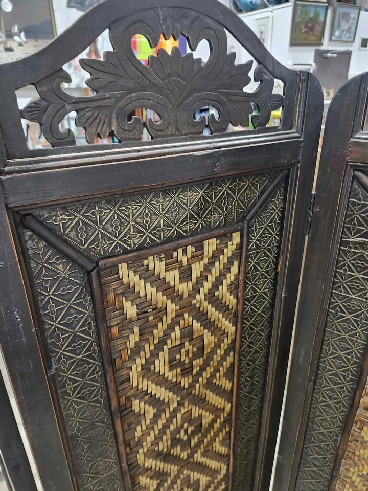 Four-panel Hand Woven Wooden/Metallic Room Divider