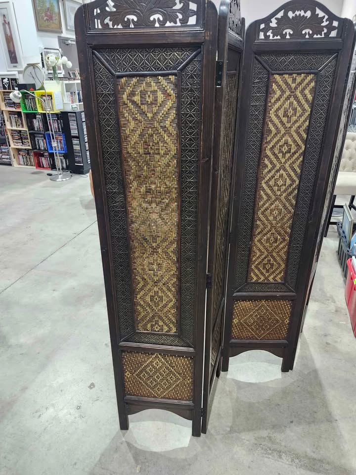 Four-panel Hand Woven Wooden/Metallic Room Divider
