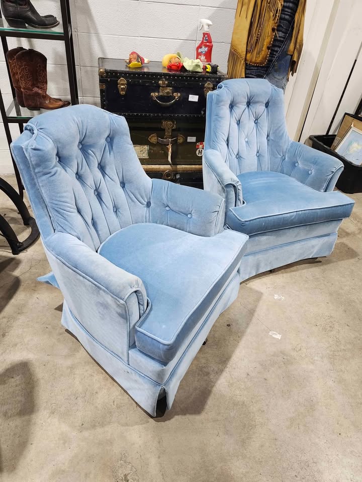 Vintage Light Blue Velvet Tufted Swivel Armchairs
