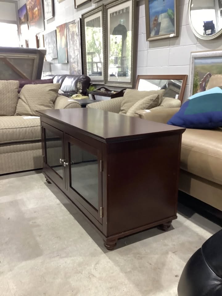 Brown Wooden TV Stand with Glass Doors