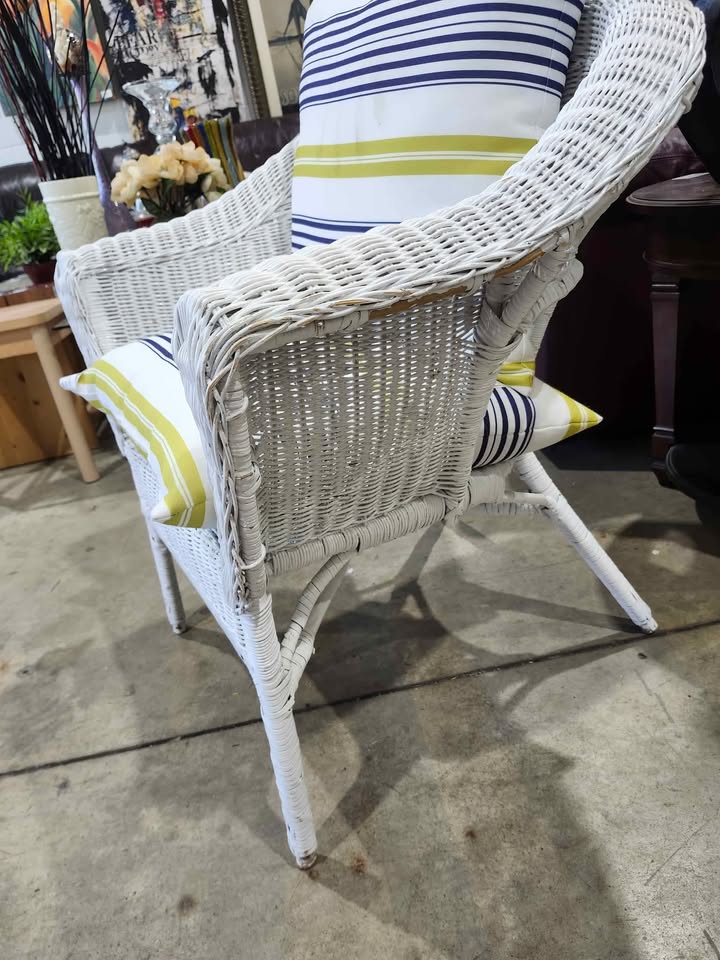 White Wicker Chair with Striped Cushions