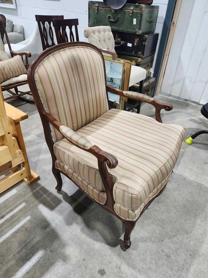 Vintage Ethan Allen Striped Armchair with Wooden Frame
