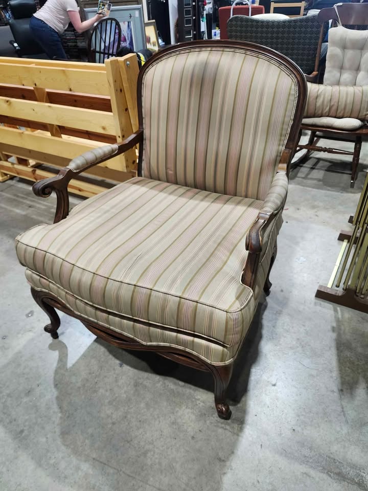 Vintage Ethan Allen Striped Armchair with Wooden Frame