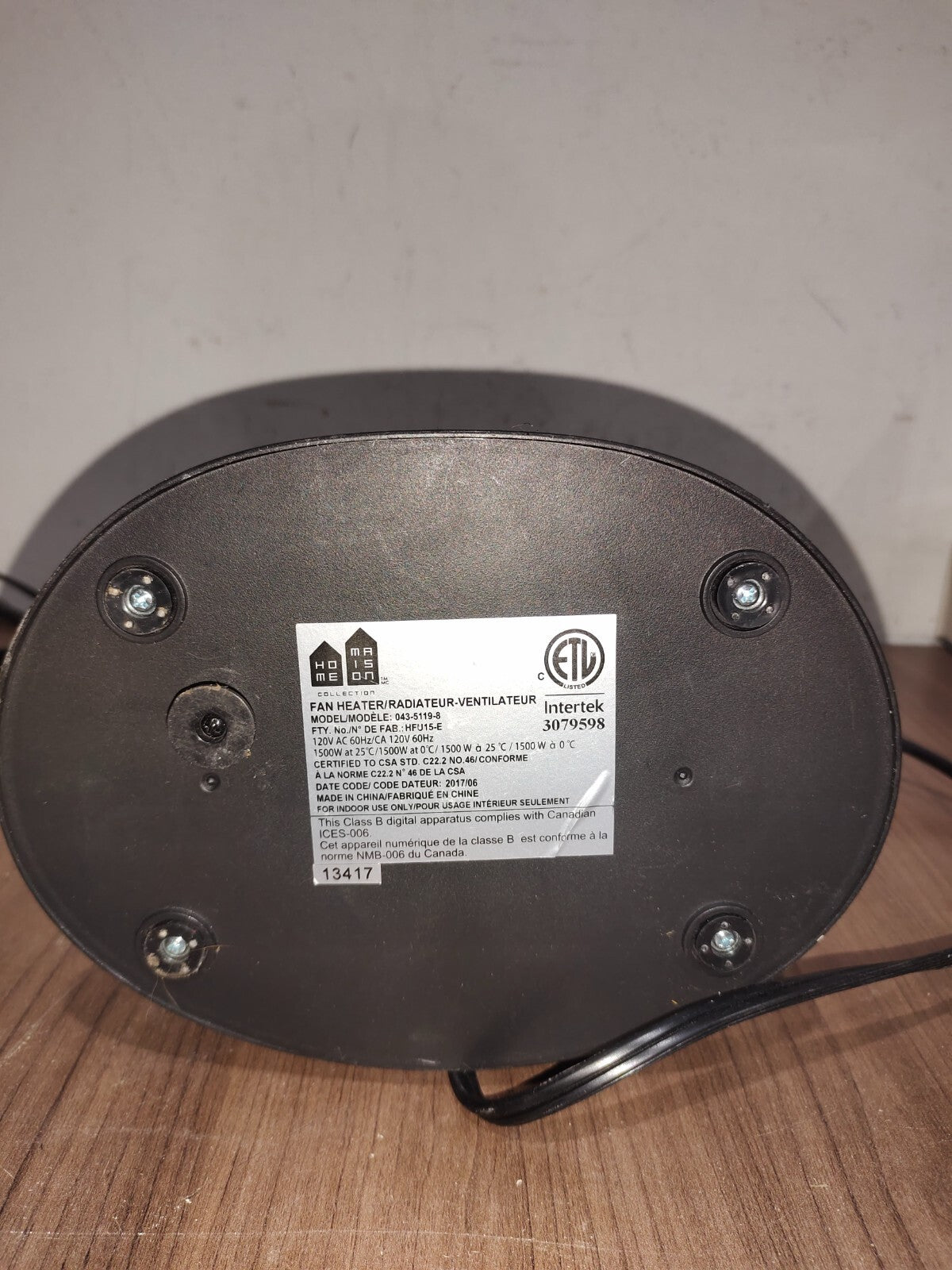 Intertek 043-5119-8 Fan/Heater 2 in 1