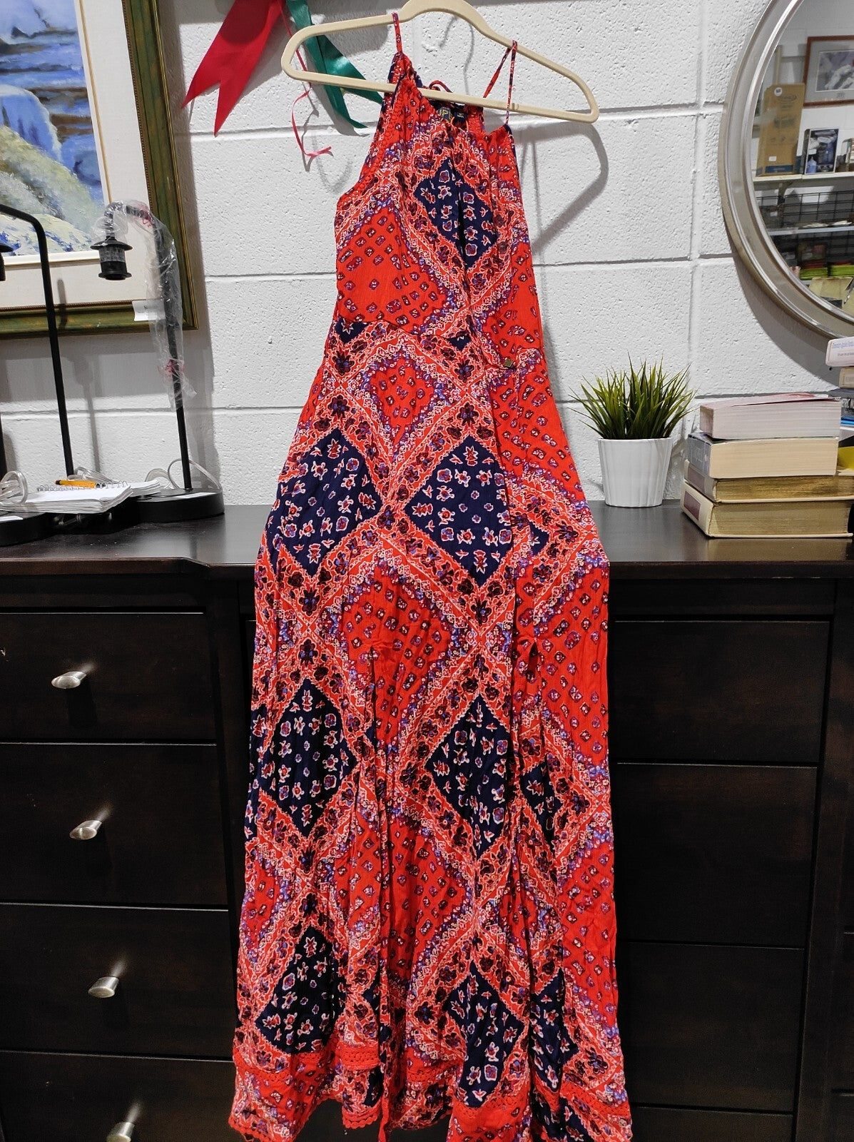 Superdry Long Red Mix Summer Dress With Tie Straps Size 4