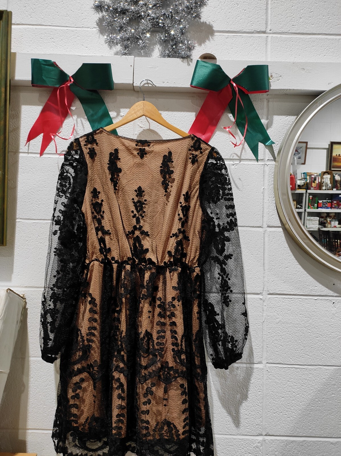 Boohoo Boutique Black Lace Plunge Neckline Sheer Long Sleeve Dress Size 12