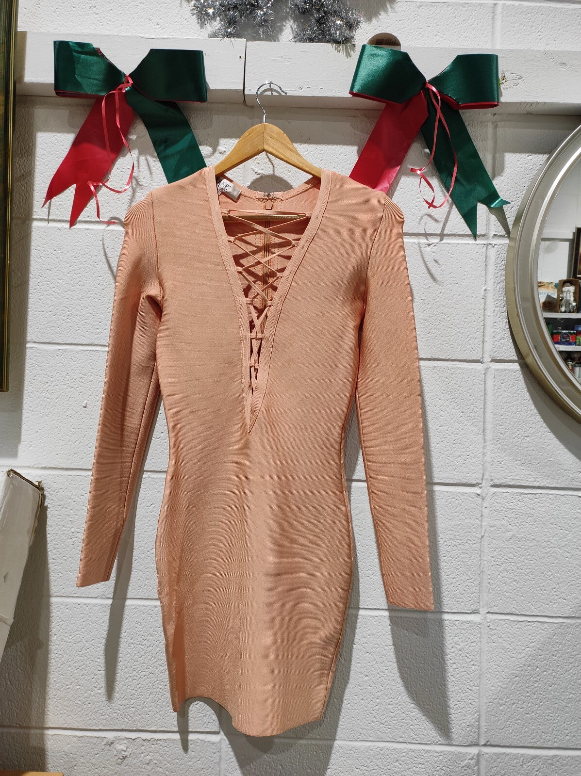 House of CB Peach Pink Lace Front Reyna Bandage Mini Dress M