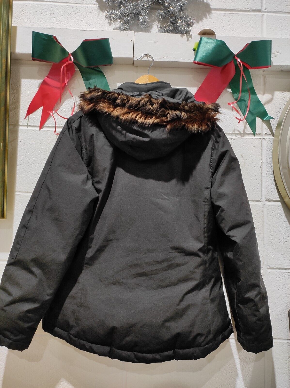 WOMEN'S BANANA REPUBLIC DOWN FEATHER BLACK WINTER COAT REAL FOX FUR HOOD M