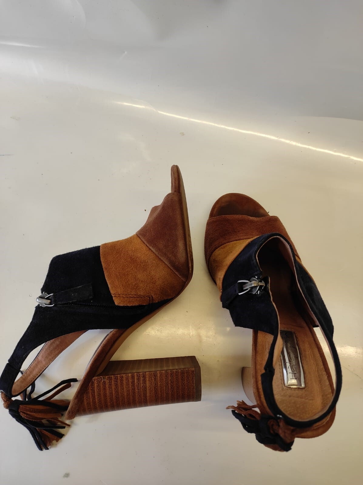 Halogen Women's Navy Tan Brown High Heel Leather Suede Sandals Size 7M