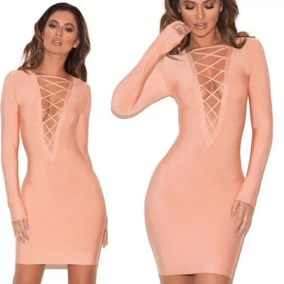 House of CB Peach Pink Lace Front Reyna Bandage Mini Dress M