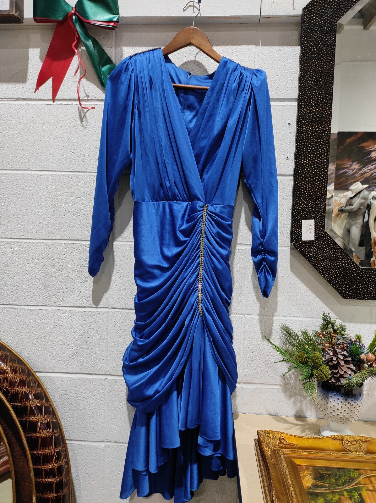Vintage 1980's Algo Boutique Blue Rouched Rhinestone Dress Women's Size 7