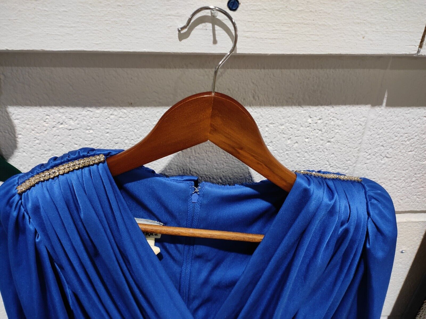 Vintage 1980's Algo Boutique Blue Rouched Rhinestone Dress Women's Size 7