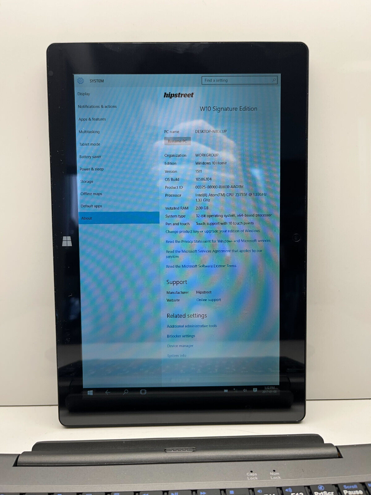 Hipstreet 10DTB38-32GB Tablet PC Atom Z3735F @ 1.33 GHz 2GB RAM 32GB eMMC Win 10