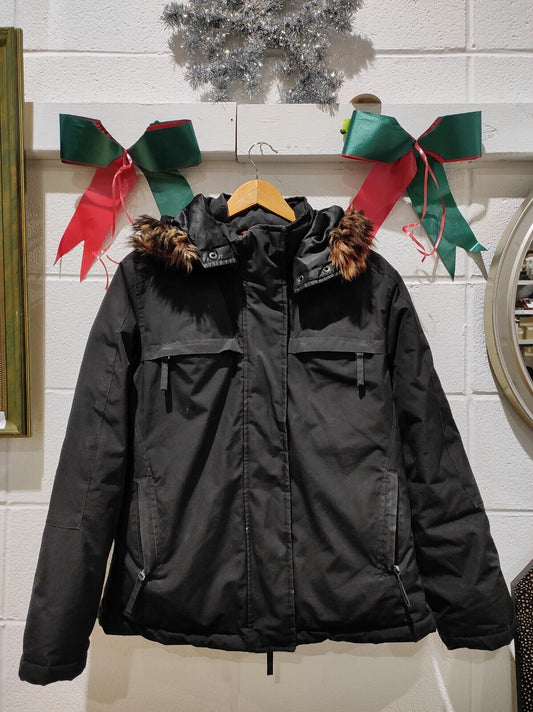 WOMEN'S BANANA REPUBLIC DOWN FEATHER BLACK WINTER COAT REAL FOX FUR HOOD M