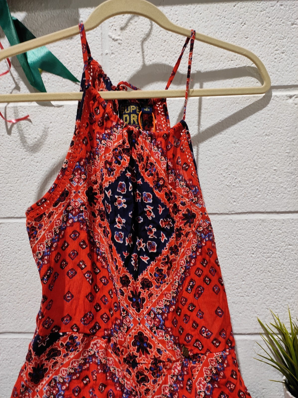 Superdry Long Red Mix Summer Dress With Tie Straps Size 4