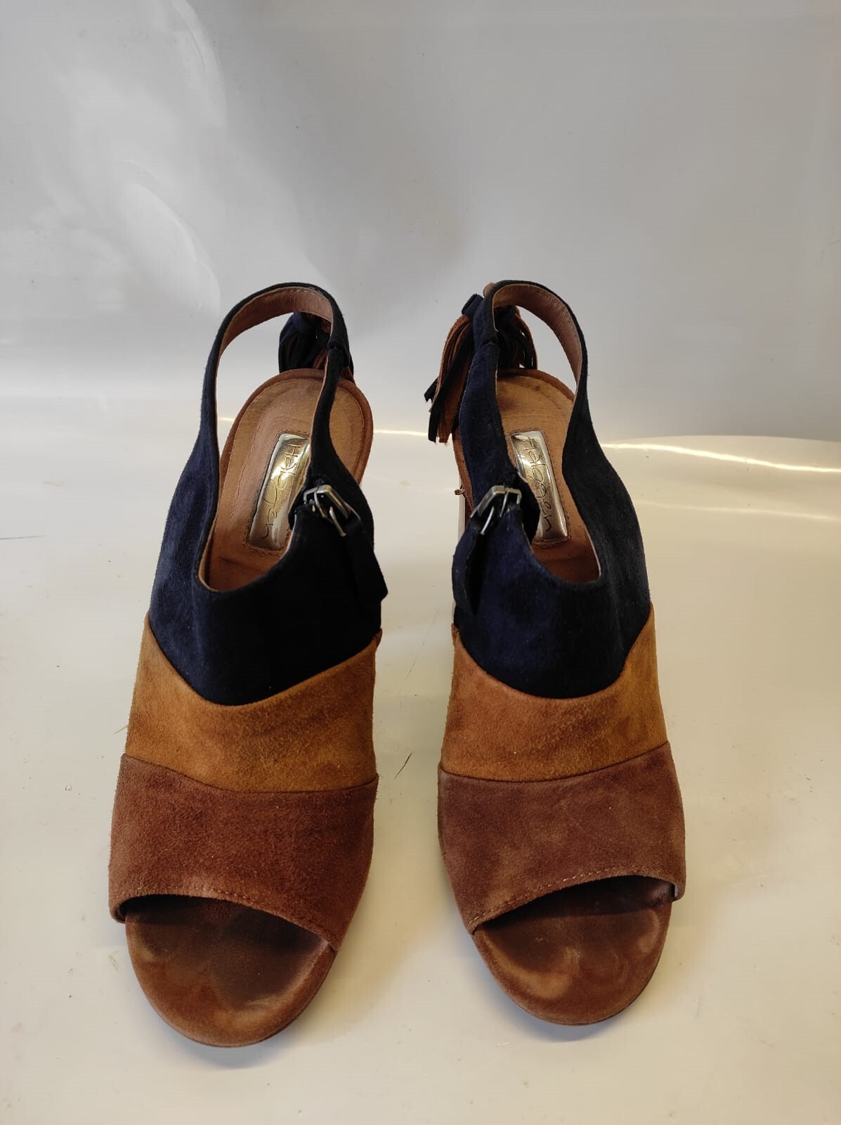 Halogen Women's Navy Tan Brown High Heel Leather Suede Sandals Size 7M