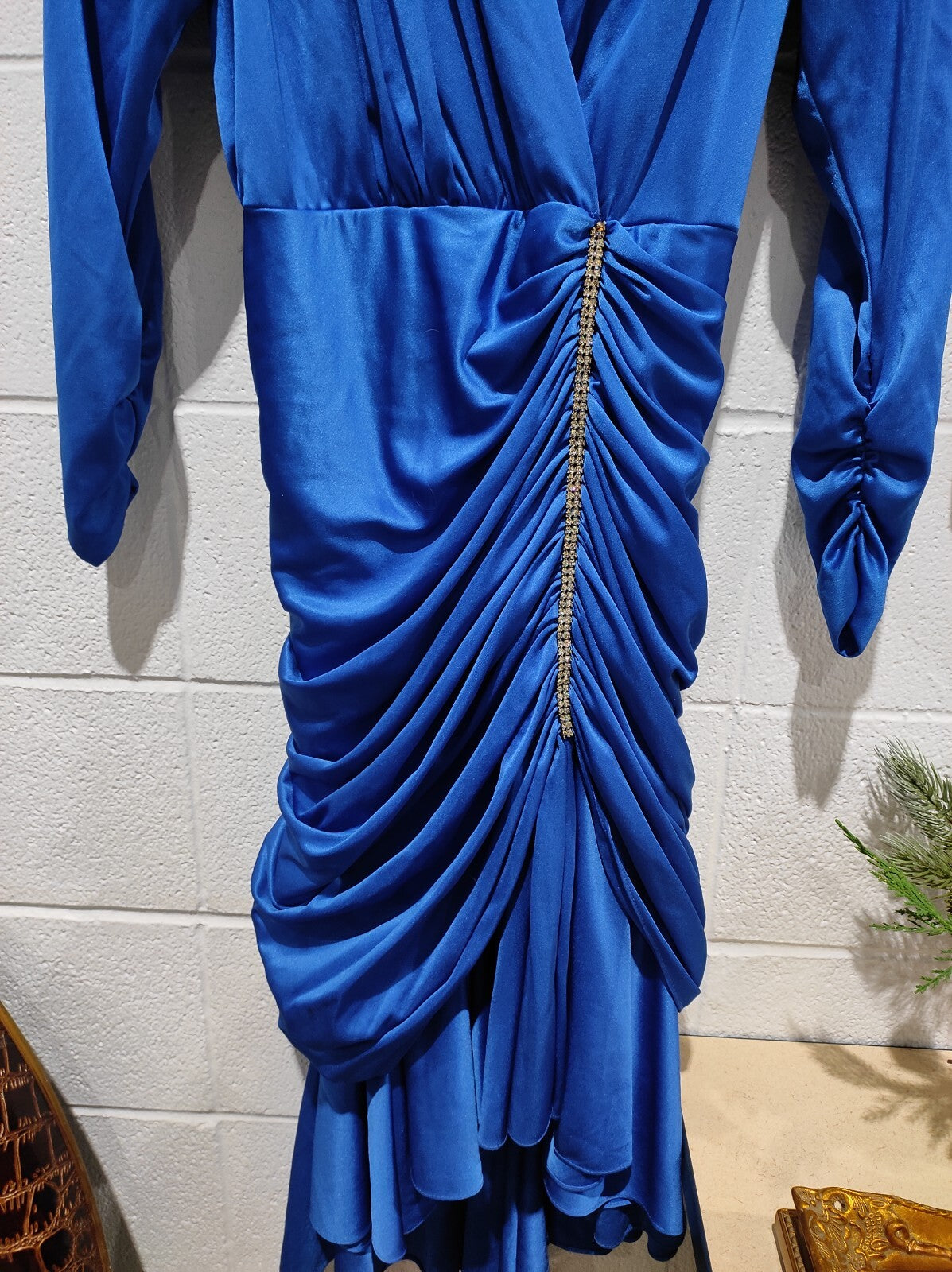 Vintage 1980's Algo Boutique Blue Rouched Rhinestone Dress Women's Size 7