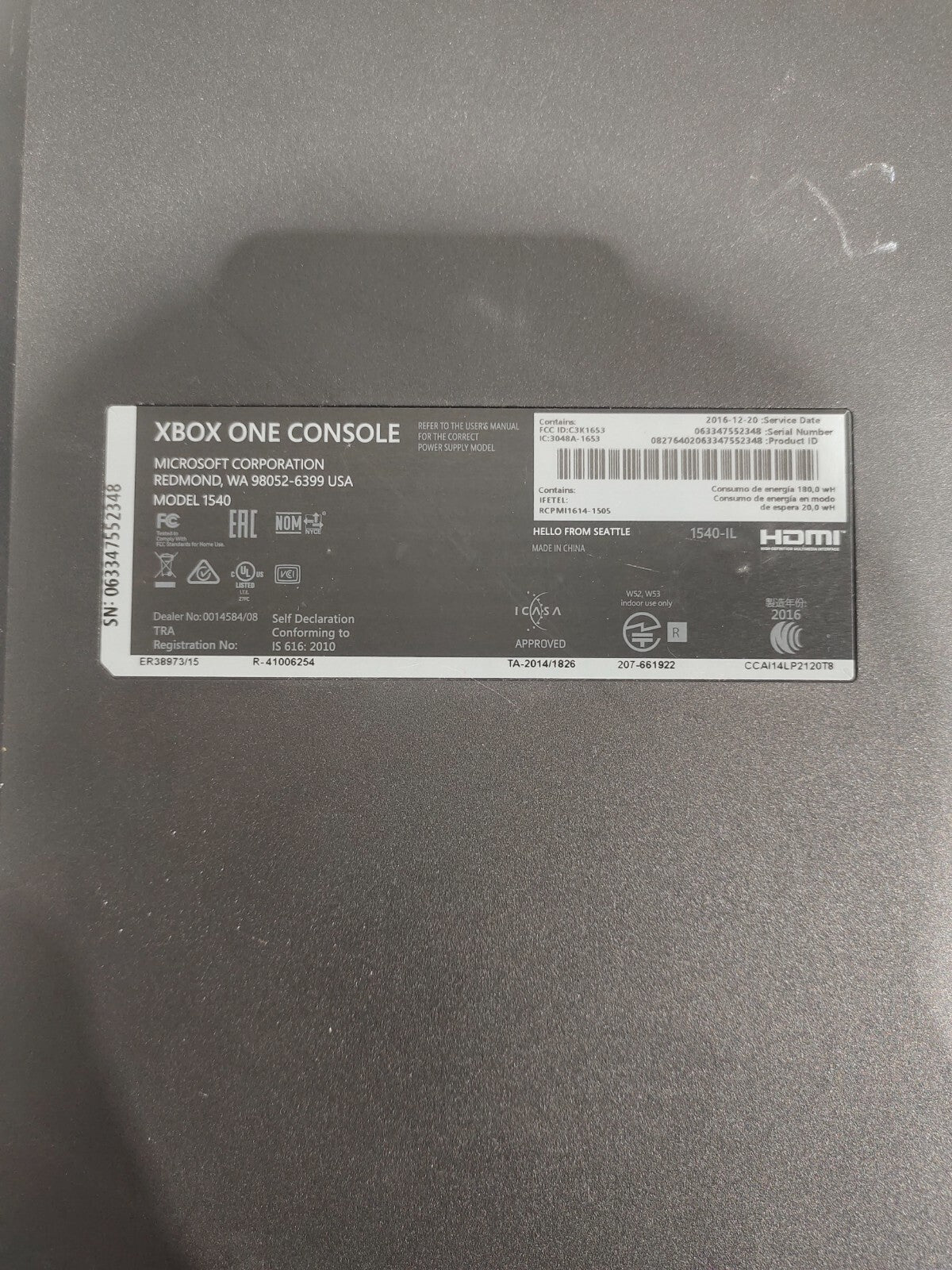 Microsoft Xbox One Console With Power Cord