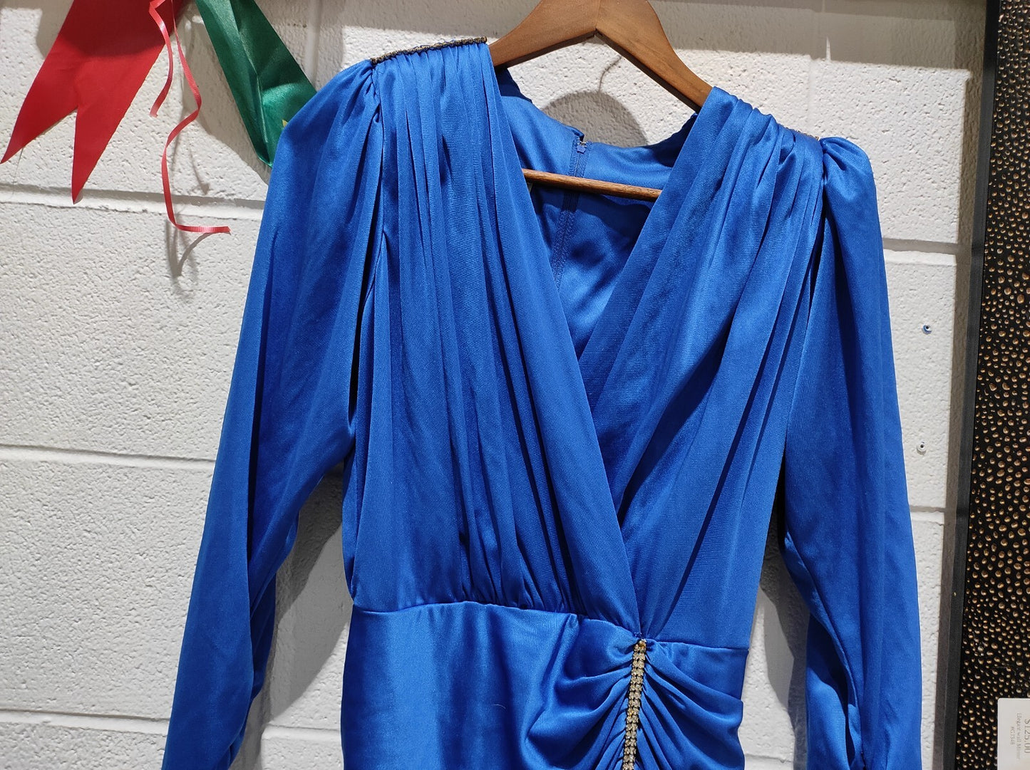 Vintage 1980's Algo Boutique Blue Rouched Rhinestone Dress Women's Size 7
