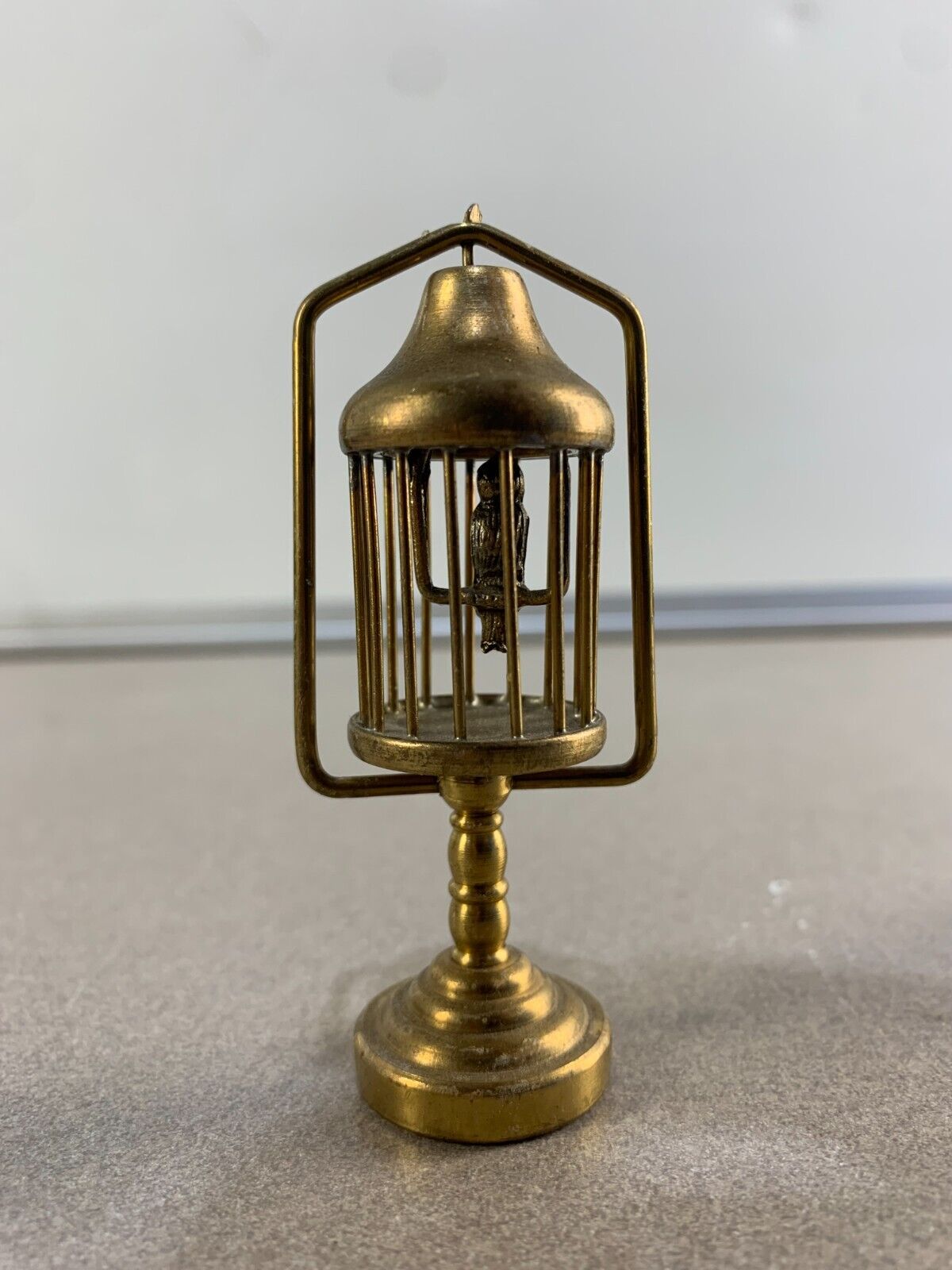 Vintage Brass Table Bird Cage w Stand 1:12 Dollhouse Miniature Birdcage Decor