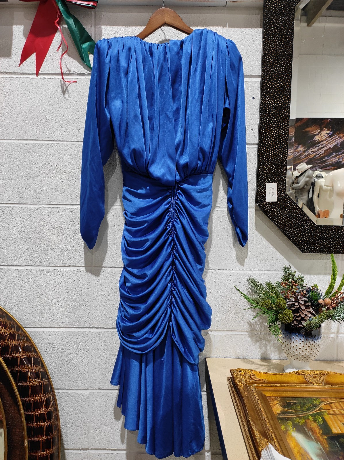 Vintage 1980's Algo Boutique Blue Rouched Rhinestone Dress Women's Size 7