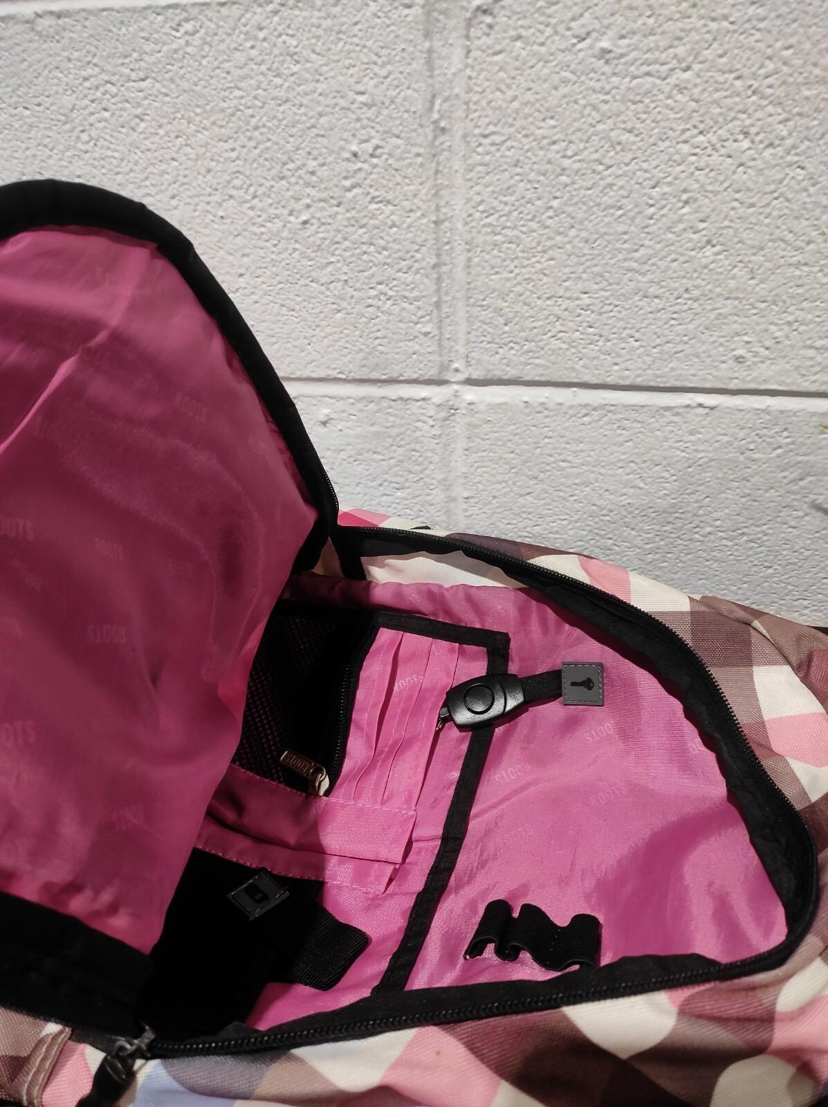 Roots Backpack Book Bag Plaid Pink Gray Black Pockets Zipped Beaver Bags