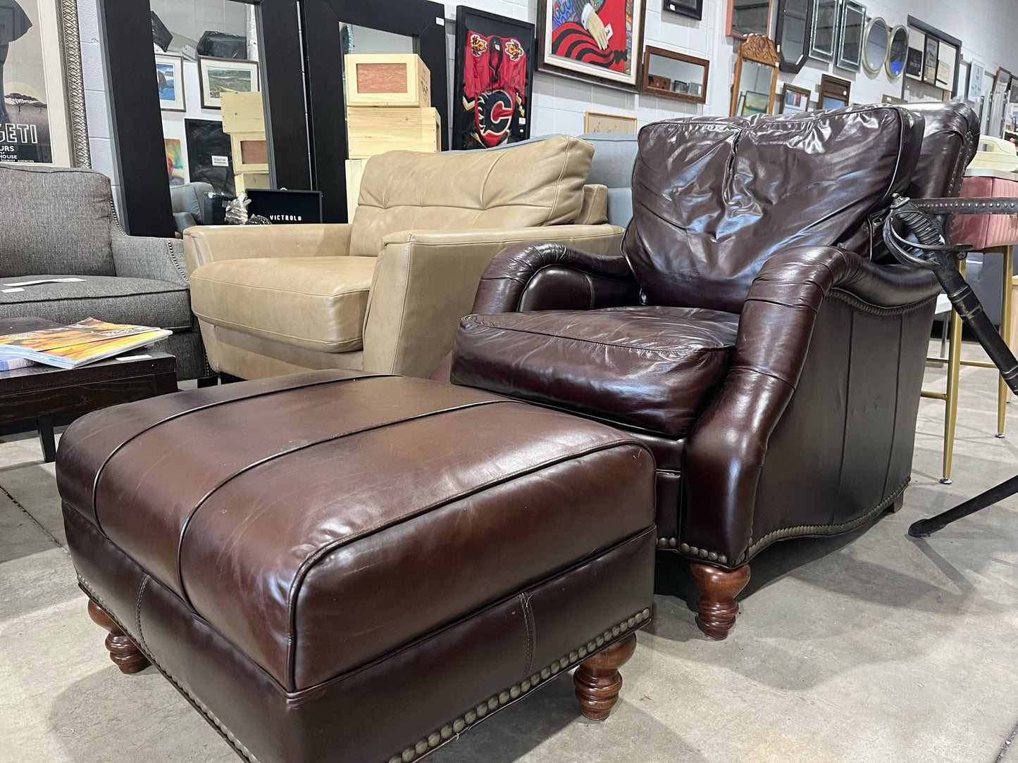 Brown Leather Chair and Ottoman Set
