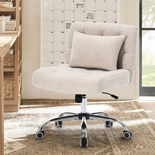 Armless Fabric Office Desk Chair with Wheels, Cross Legged Wide Seat Chair, Modern Home Office Chair with Lumbar Pillow