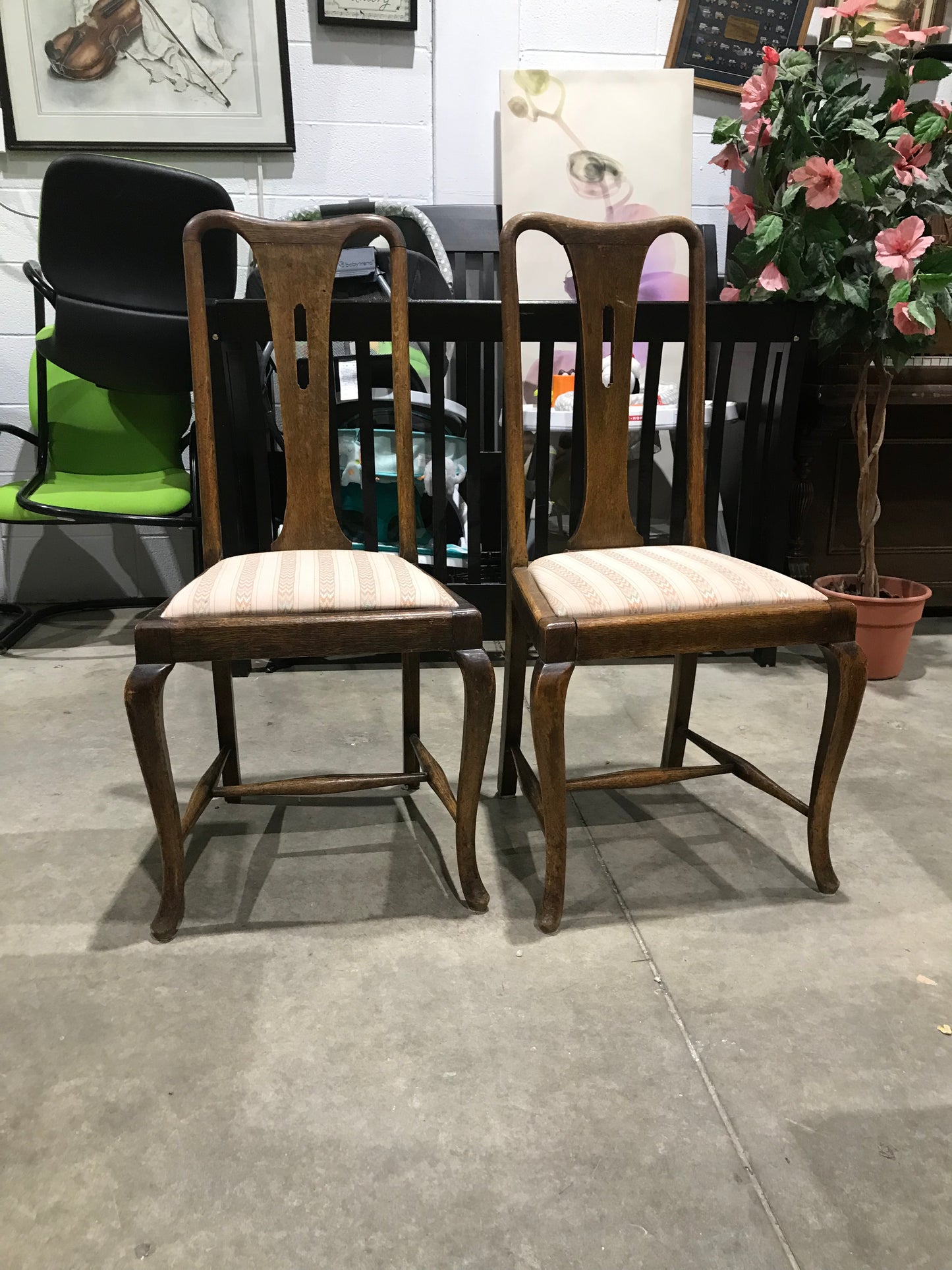 Antique Pair of Wooden Chairs with Upolstered Seats