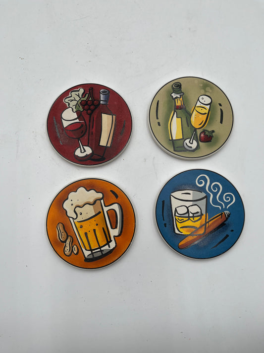 Set of 4 Round Ceramic Bar Drink Coasters Wine Beer Whiskey Cigar Cork Back