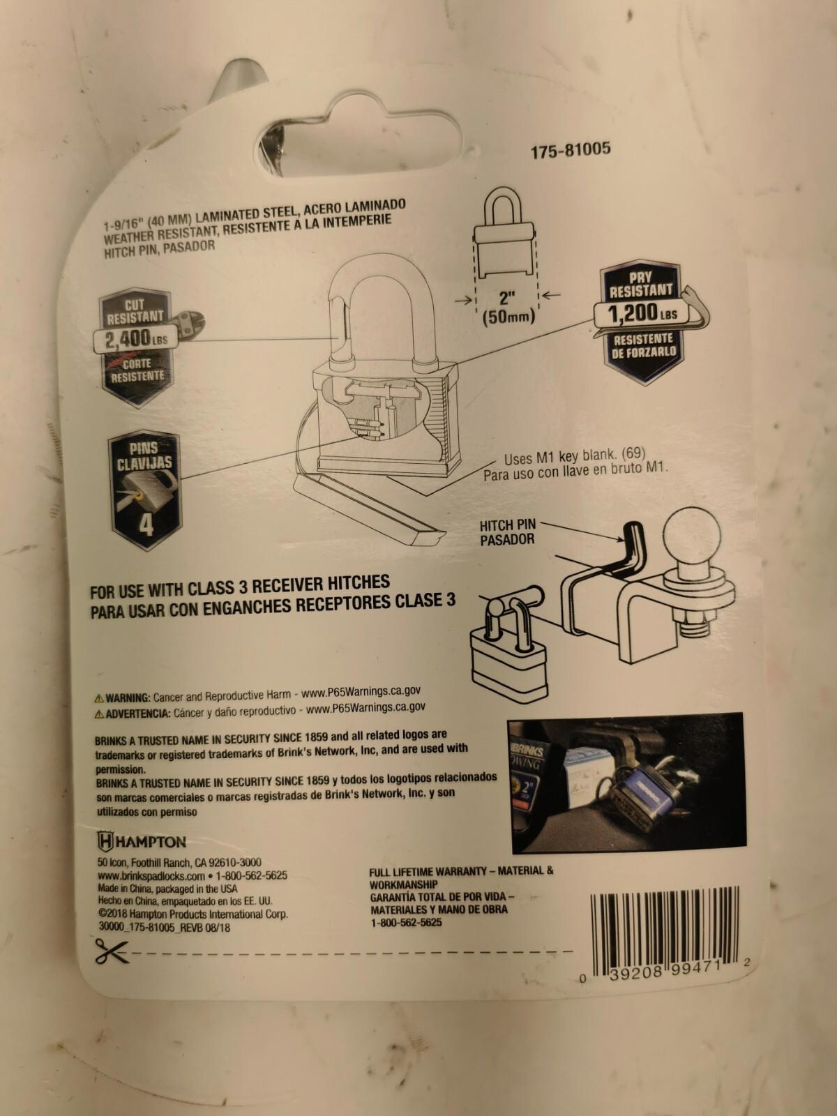 Lot of 2 BRINKS - 40mm Laminated Steel Weather Resistant Padlock with Hitch Pin