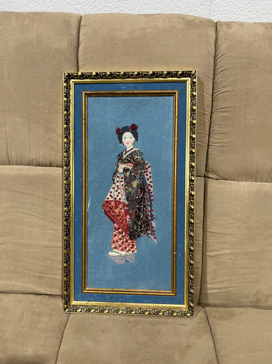 Hand made vintage framed Needlepoint Geisha