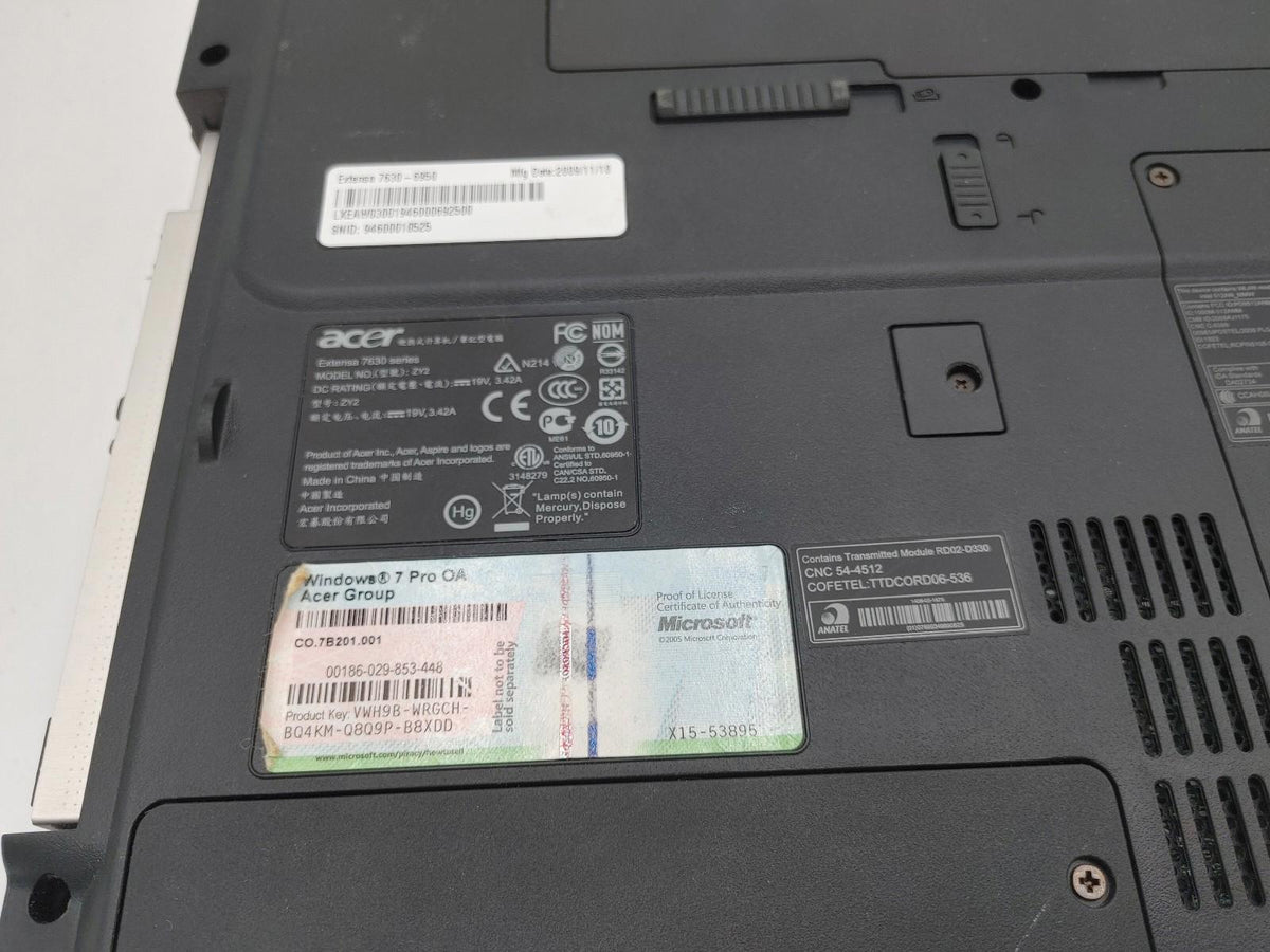Acer Extensa 7630 17inch Laptop C2D 2.2GHz 2GB RAM 250GB HDD NO OS Works Tested