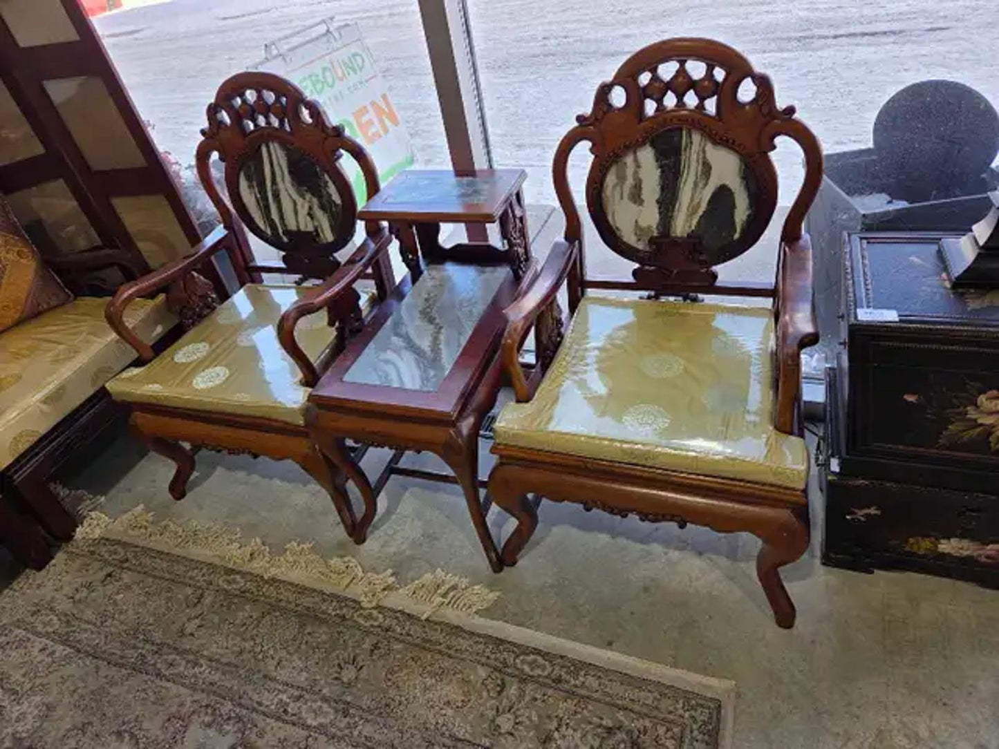 Chinese Carved Chairs and Table with Marble