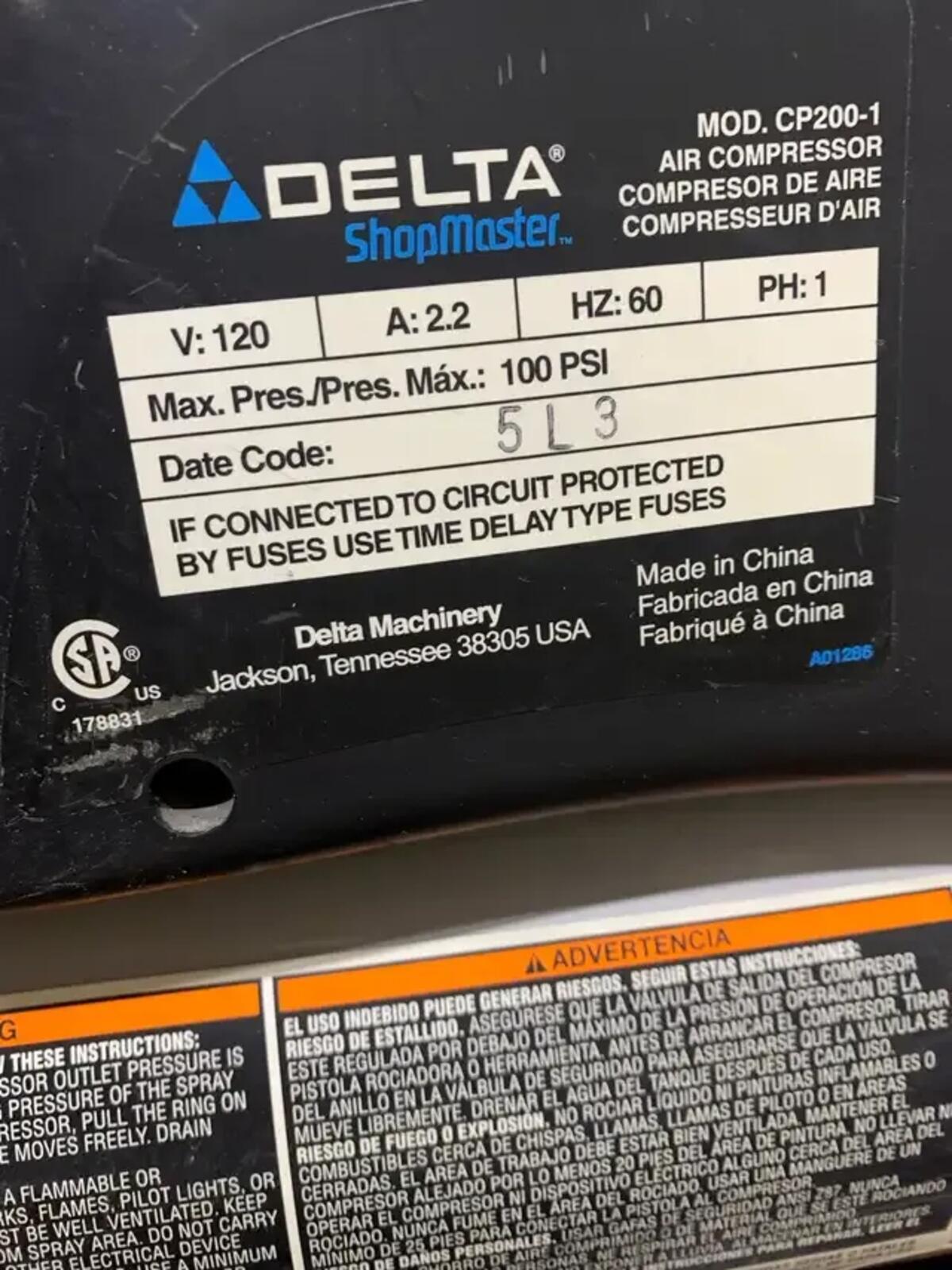 Delta ShopMaster 2 Gallon Air Compressor with 1/4” hookup