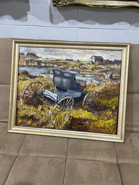 Vintage oil painting nature with frame