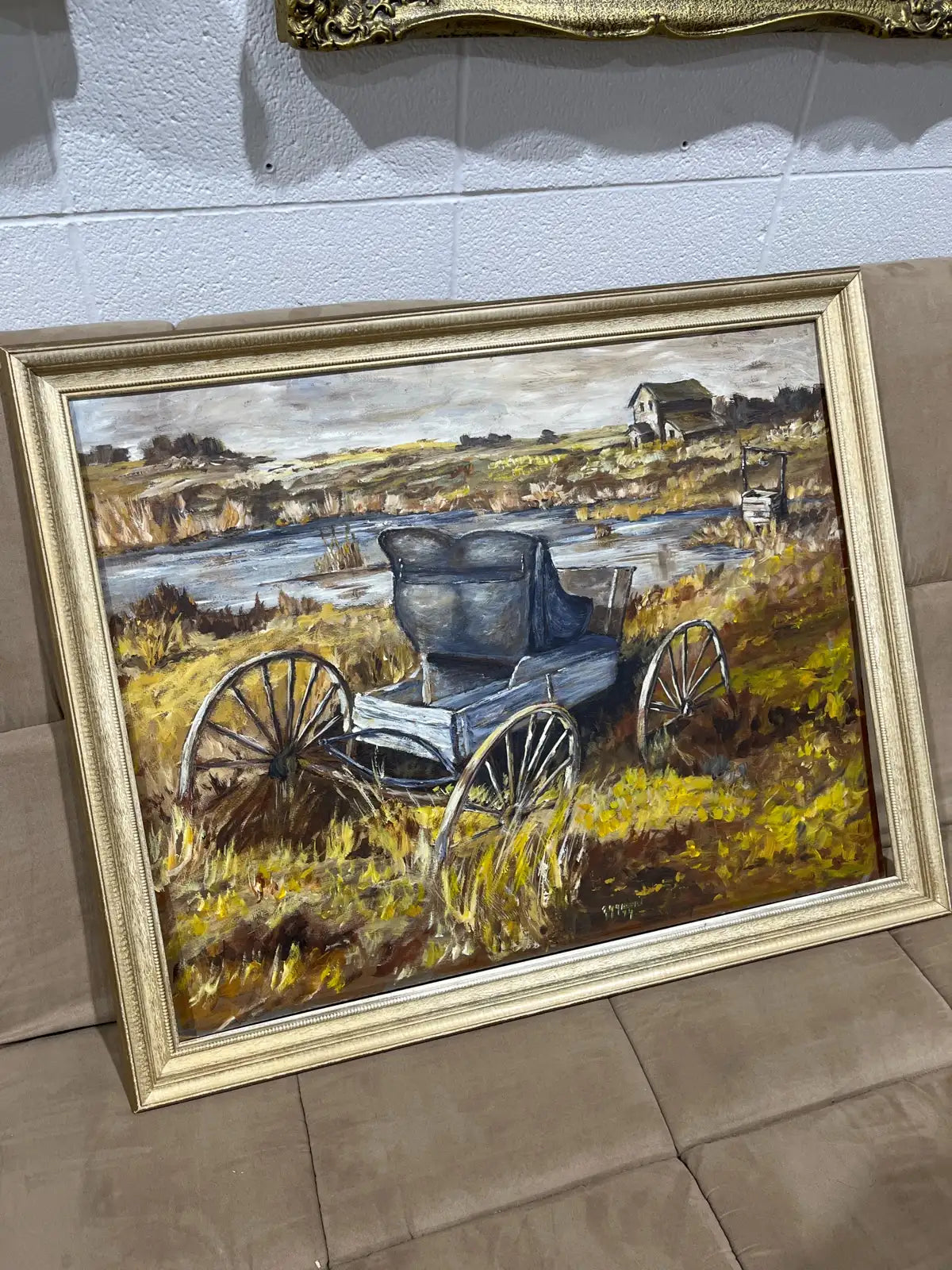 Vintage oil painting nature with frame