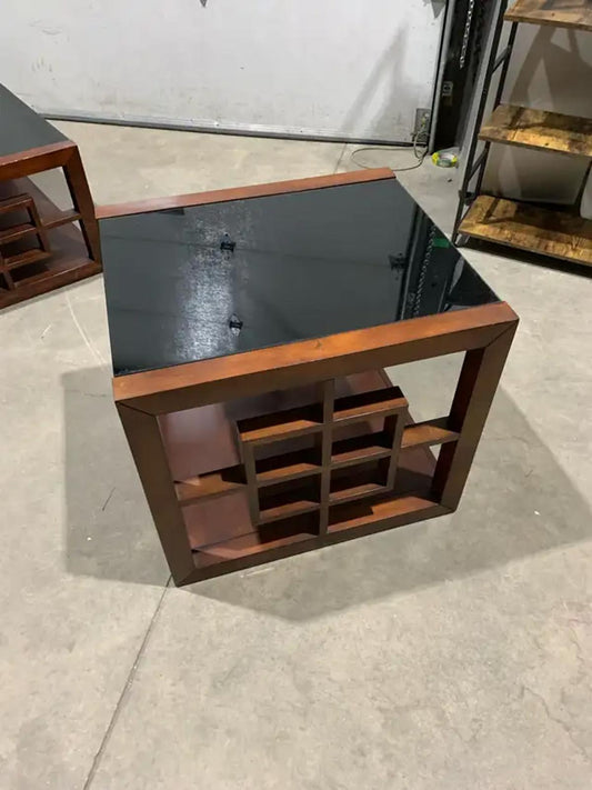 Wooden Black Glass Top End Table with geometric design
