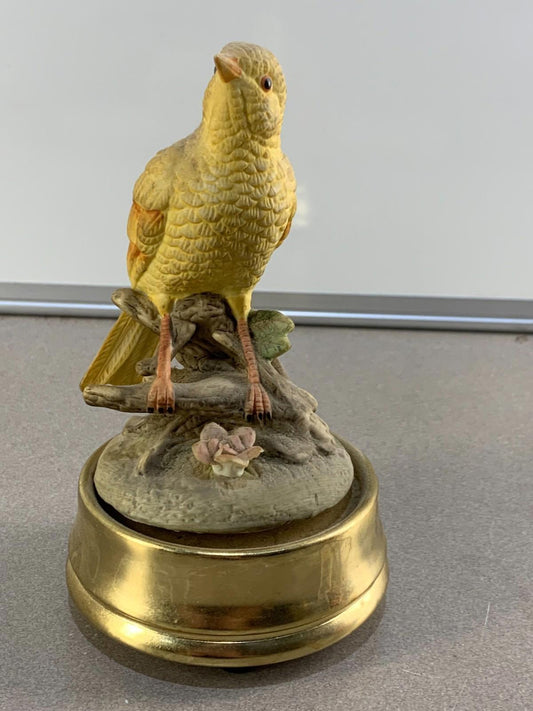 Vintage Yellow Ceramic Canary Bird On Branch Figurine Music Box