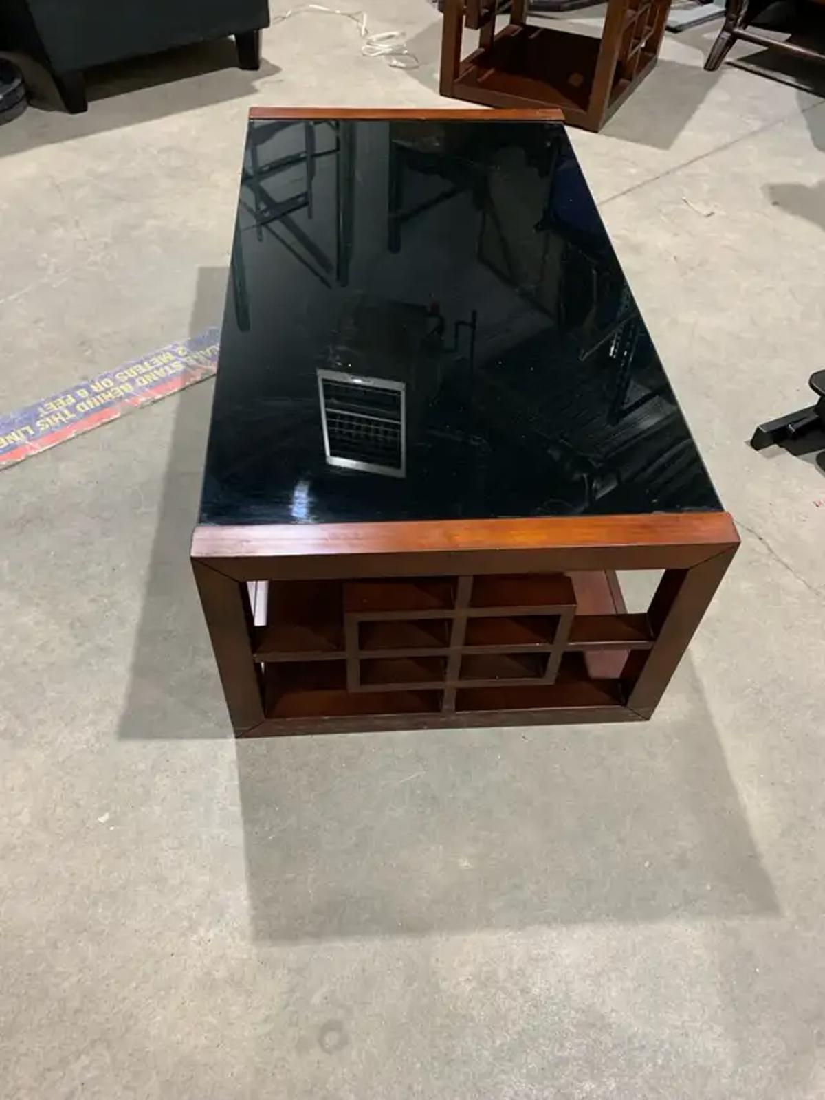 Wooden Black Glass Top Coffee Table with Geometric Design