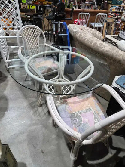 Rattan/Bentwood-Style Dining Set with Glass Top