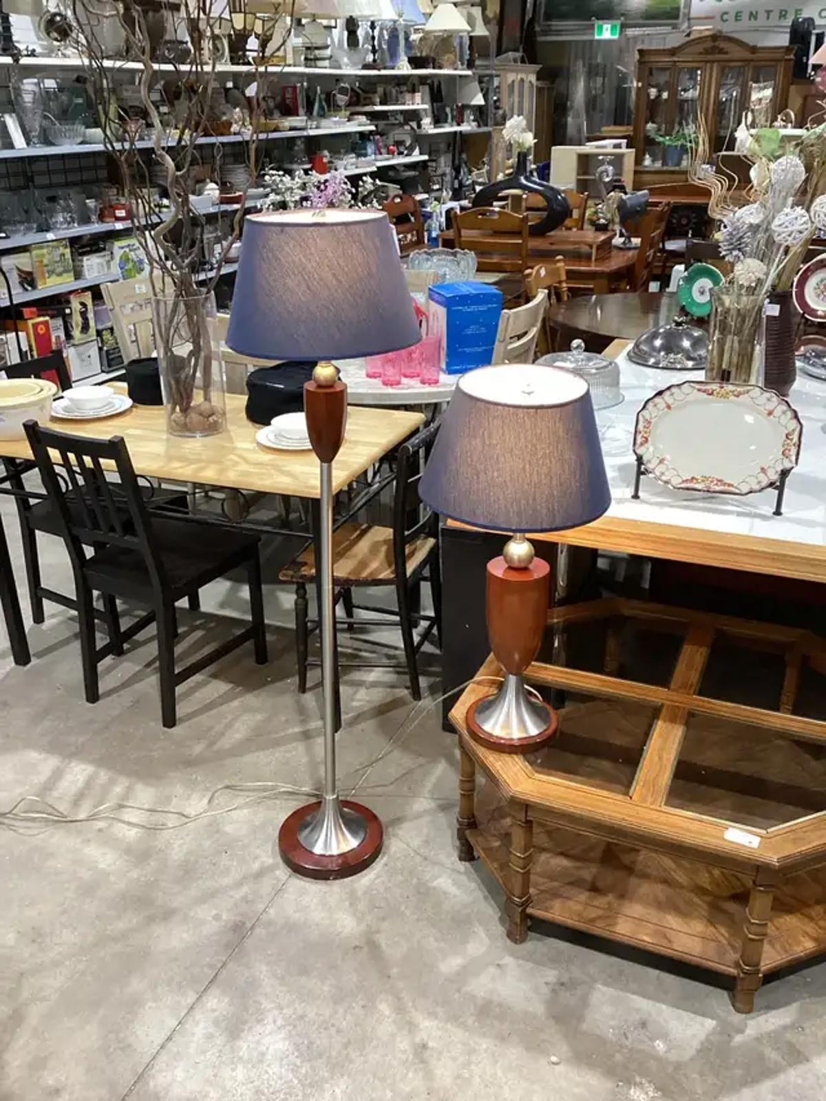 Vintage Lamp Pair with Blue Shades