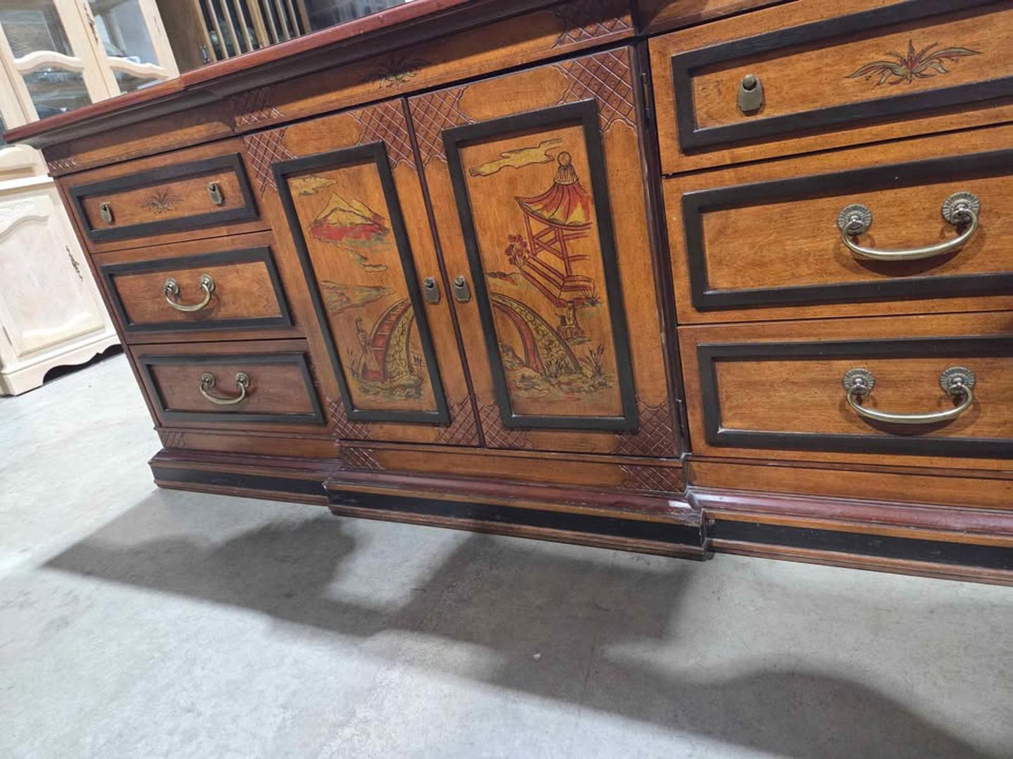 Unique Wooden 9-Drawer Asian Motif Dresser