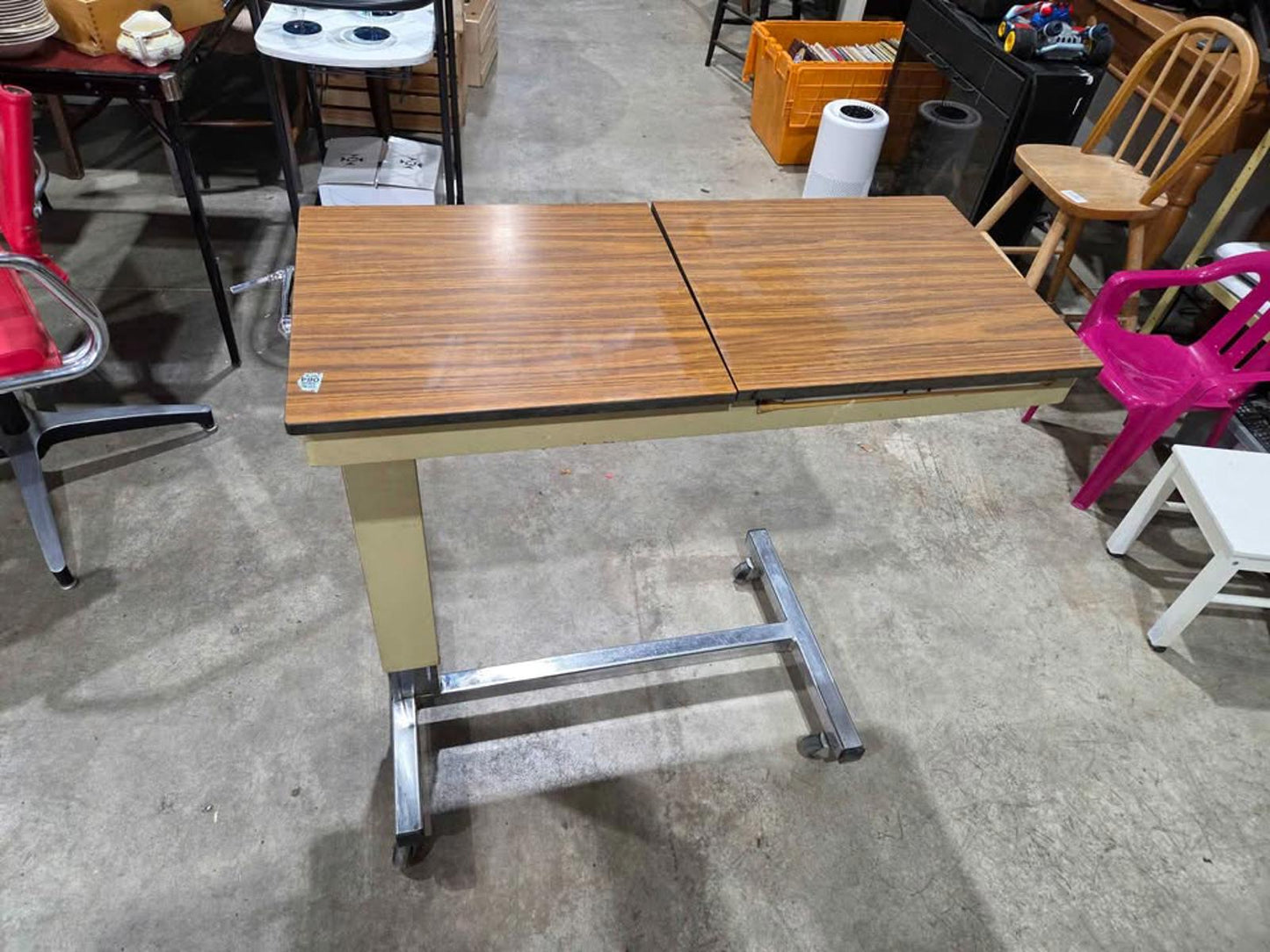 Vintage Adjustable Rolling Overbed Table w/ Storage & Mirror - 1974