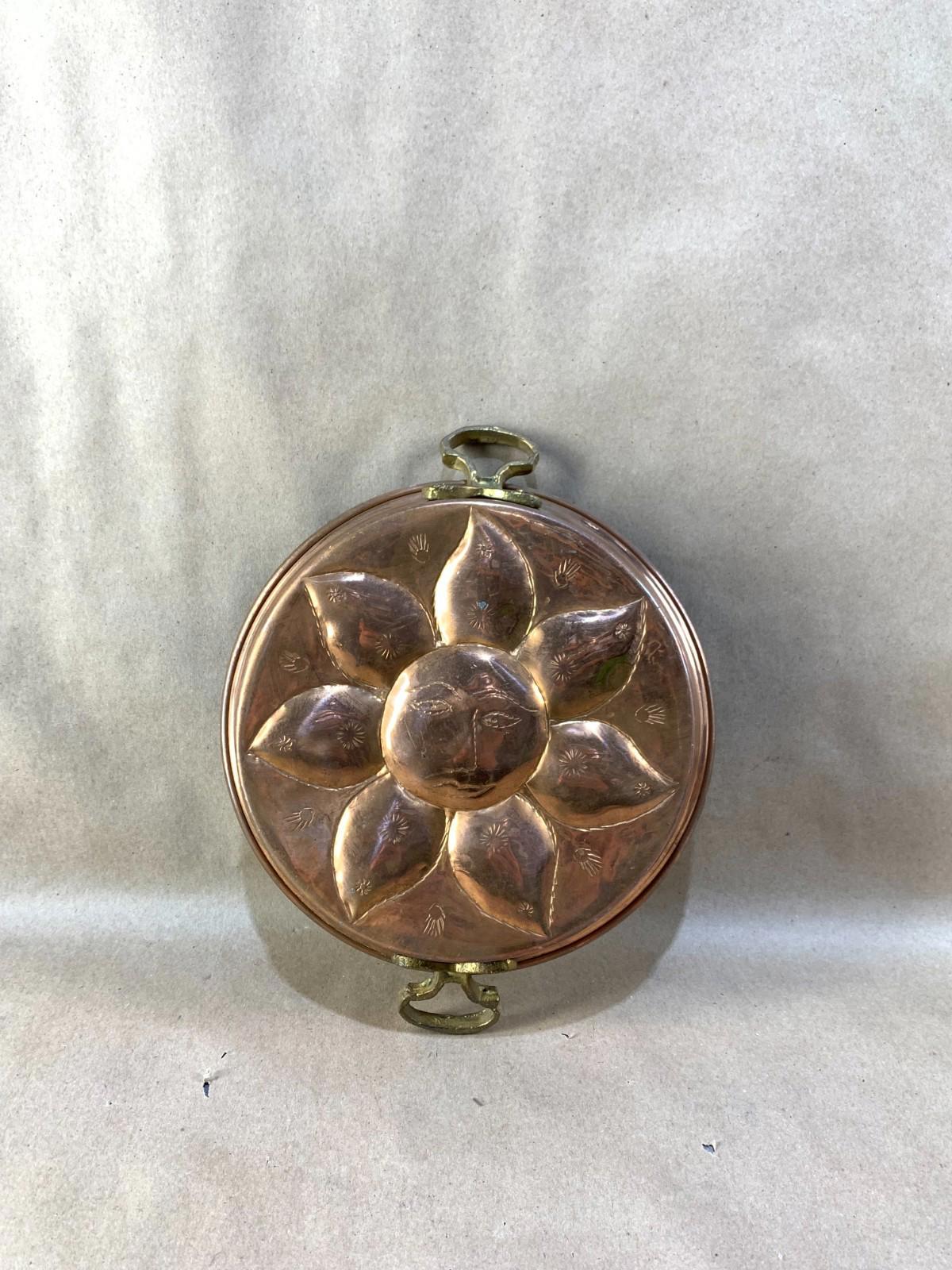 Antique Vintage Copper Mold Tin Lined  Brass Handles Sunshine Design Hand Forged