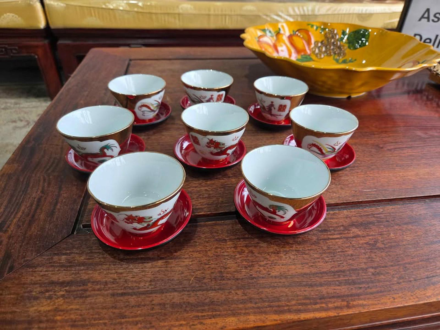 Set of 8 Asian Dragon Design Tea Cups w/ Red Saucers