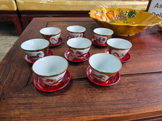 Set of 8 Asian Dragon Design Tea Cups w/ Red Saucers