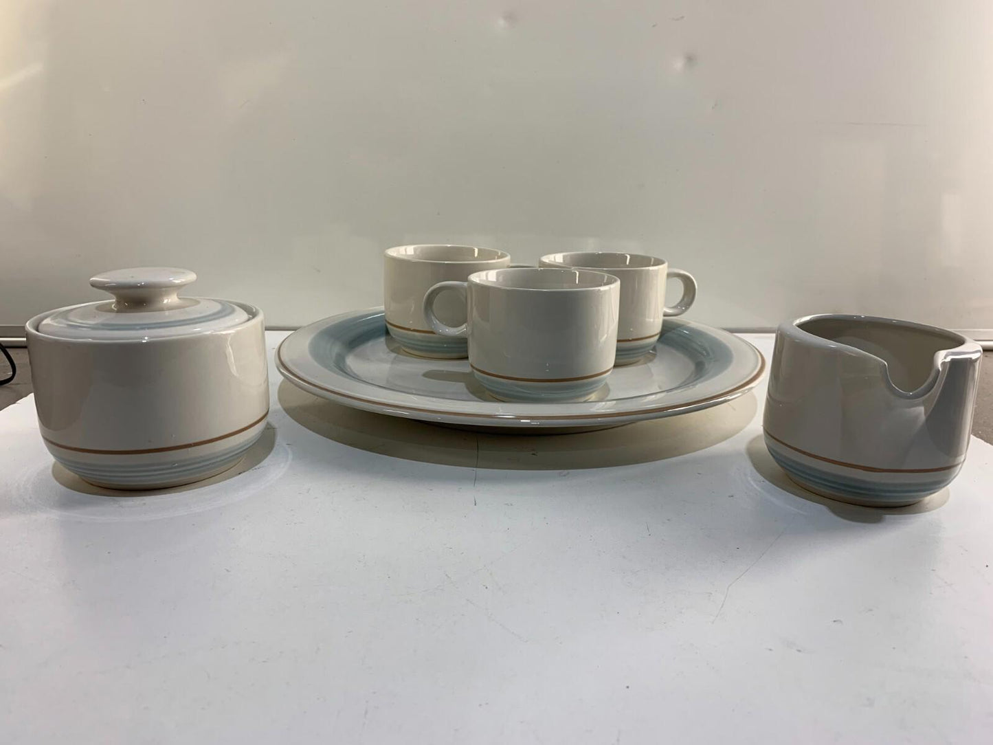 Vintage Genuine Stoneware Country Morn Coffee Cups, Creamer, Sugar Bowl & Plate