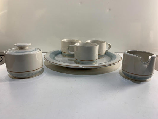 Vintage Genuine Stoneware Country Morn Coffee Cups, Creamer, Sugar Bowl & Plate