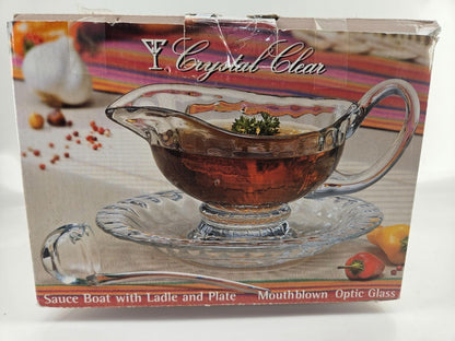 Handcrafted Crystal Glass Athens Sauce Boat w/ Ladle and Plate